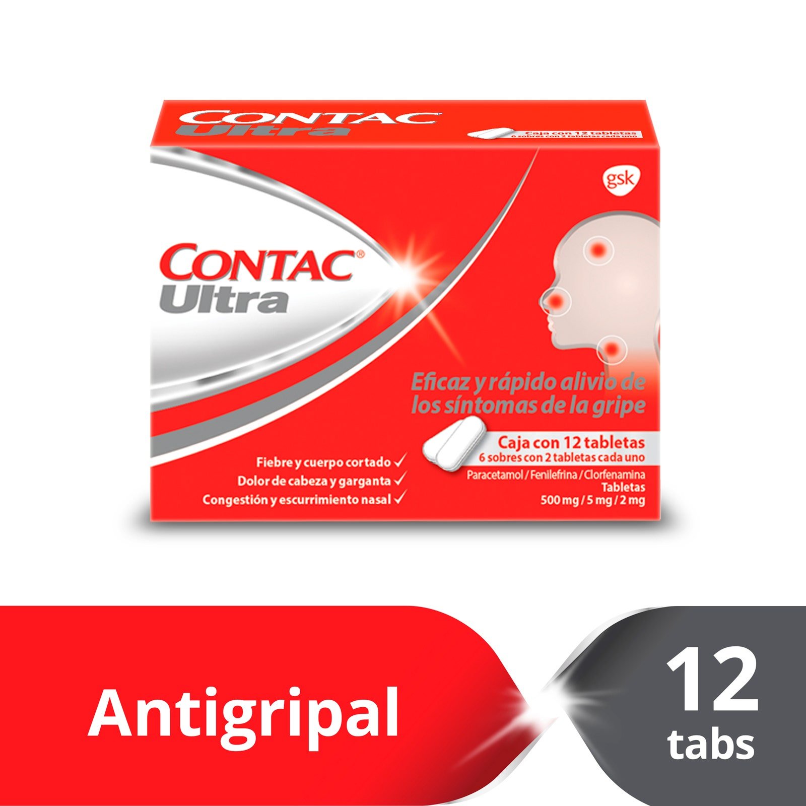 Contac Ultra Antigripal 12 Tablets | Clearwell Pharmacy Cabo Delivery in Cabo Contac Ultra Antigripal 12 Tablets